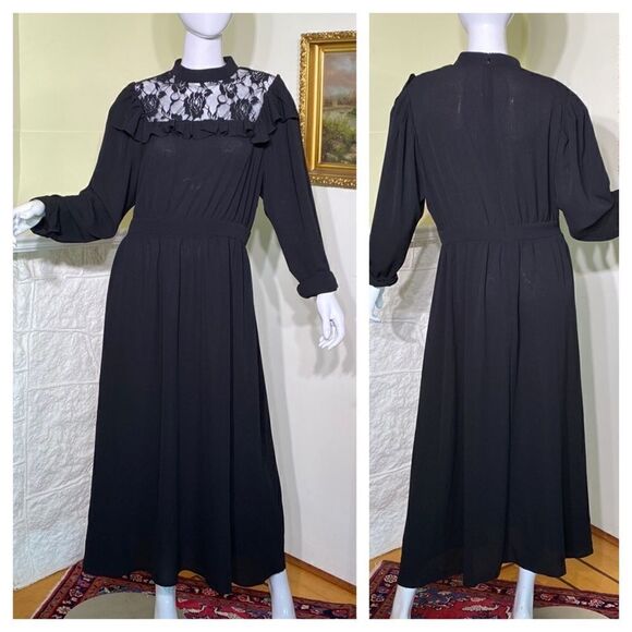 Retro Black Ruffle, Lace & Puffy Sleeves Maxi Dress - Picture 1 of 9